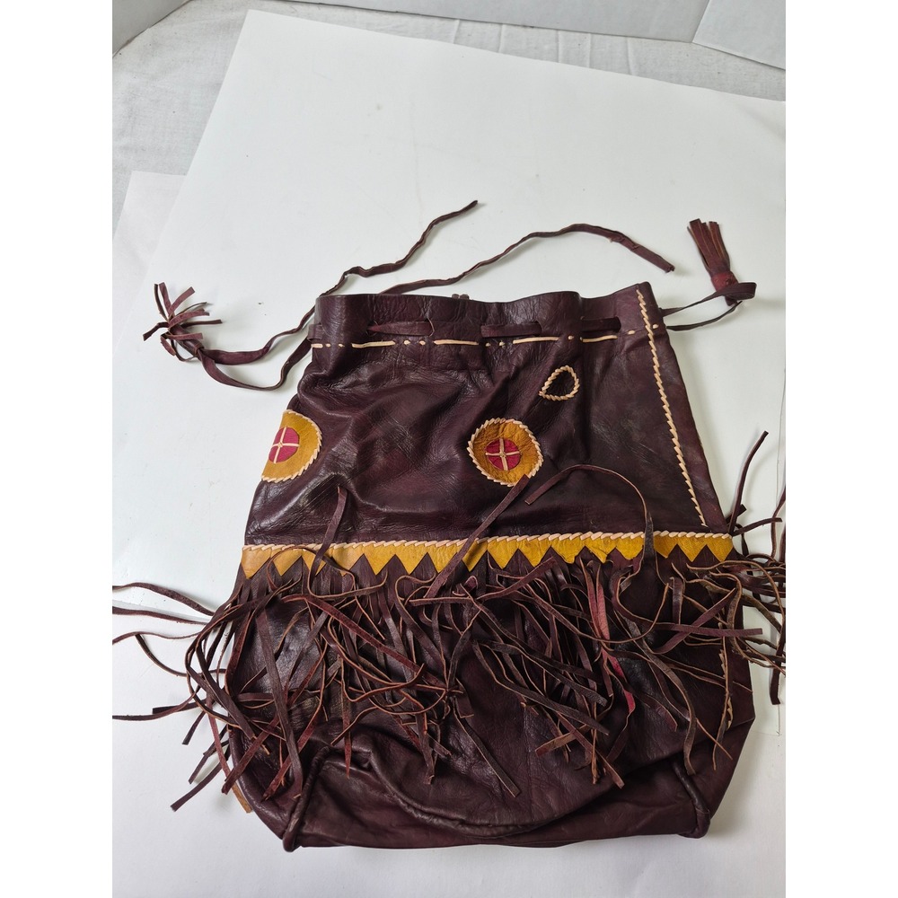 Vintage Handmade Leather Fringe Medicine Bag Drawstring Pouch Burgundy Boho